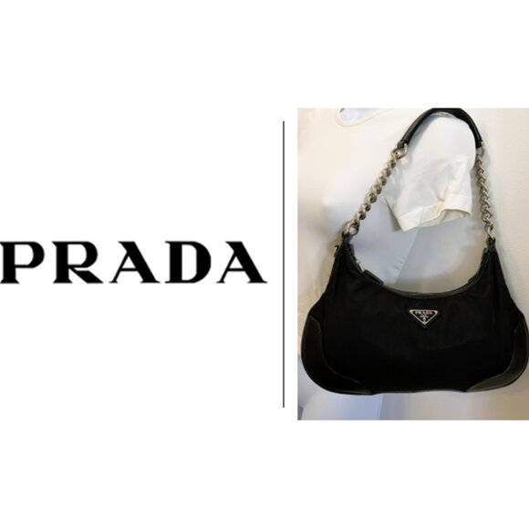 Vintage Y2K black Prada Saffiano Tessuto Nylon-Leather Bag w/chain - Picture 1 of 17